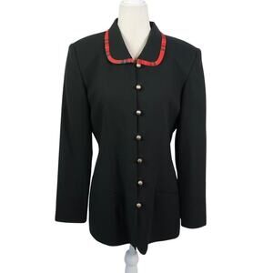 Vintage 90s Oberon Black Wool Blazer Jacket Red Plaid Trim 10